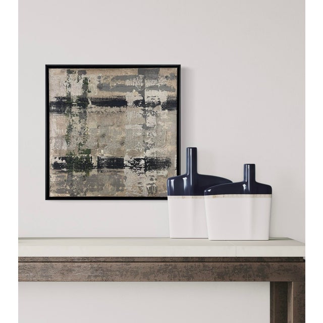 Original abstract painting by J. Kent Martin featuring muted green, charcoal, gray, and cream in a horizontally structured...