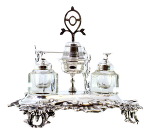 Silver Inkwell with Two Faceted Glass Tanks