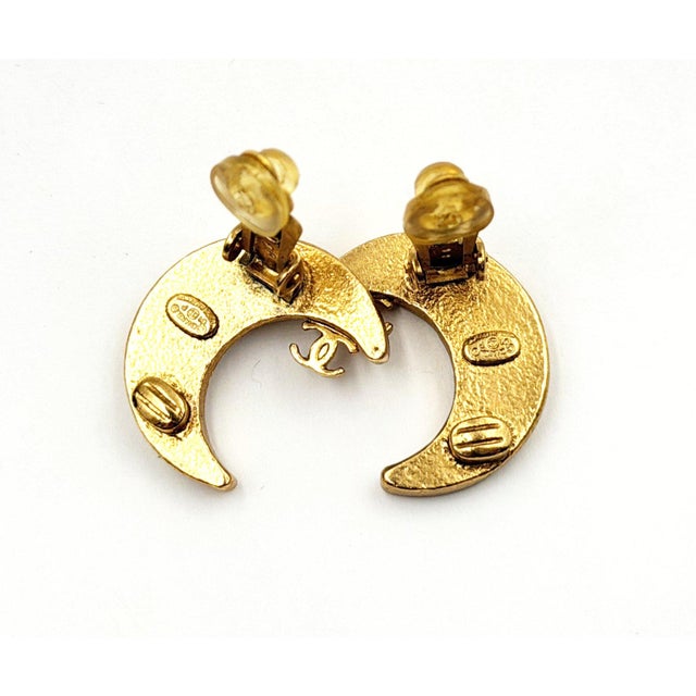 2000 - 2009 Chanel Vintage Gold Plated CC Black Moon Crystal Clip on Earrings, Pair For Sale - Image 5 of 5