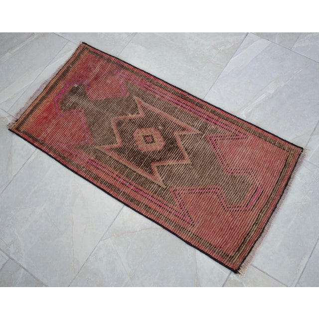 Distressed Low Pile Rug Kurdish Yastik Small Rug Faded Colors Mat Entry Decor - 19'' X 38'' For Sale - Image 11 of 14