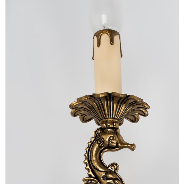1960s 1960s Spanish French Neoclassical Cast Brass 2-Light Sea Horse Wall Sconces - A Pair For Sale - Image 5 of 9