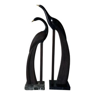 1980’s Maitland Smith Style Rattan and Tessellated Stone Peacock Bird Sculptures – A Pair For Sale