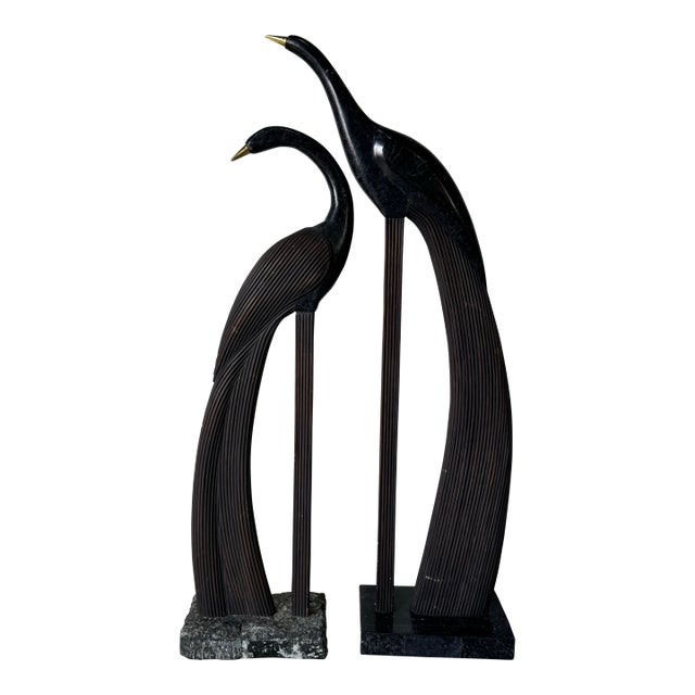 1980’s Maitland Smith Style Rattan and Tessellated Stone Peacock Bird Sculptures – A Pair For Sale