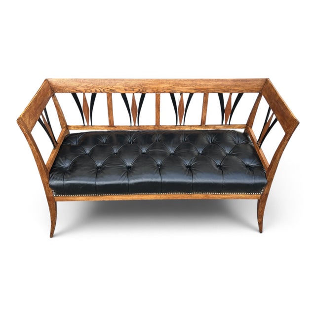 Vintage Sculpted Wood Bench With Button-Tufted Black Leather Seat For Sale - Image 11 of 12
