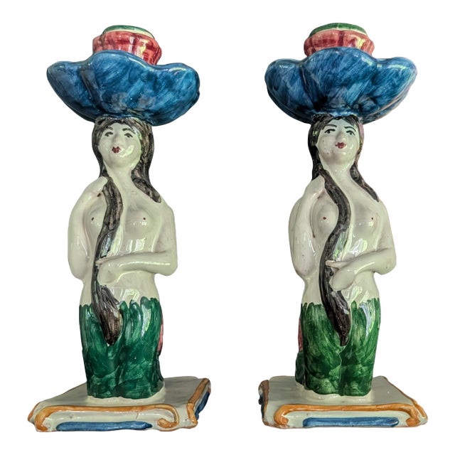 Pair of Contemporary Les Ottomans Hand-Painted Ceramic Mermaid Candlesticks For Sale