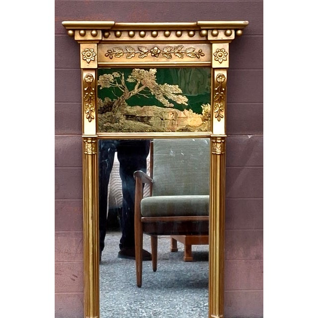 Late 19th Century American Federal Style Vertical Trumeau wall mirror with eglomise reverse painting under glass panel...