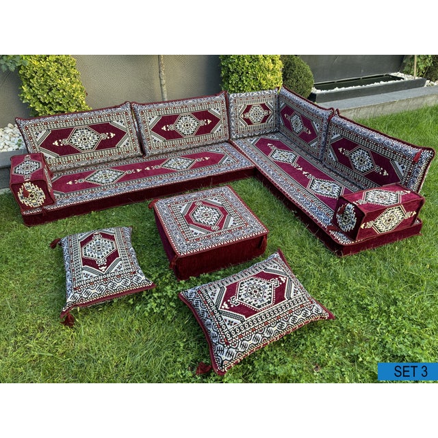 Burgundy Modular Floor Sofa With Ottoman, Turkish Kilim U-Shaped Set Majlis Floor Sofa Seating For Sale - Image 8 of 18
