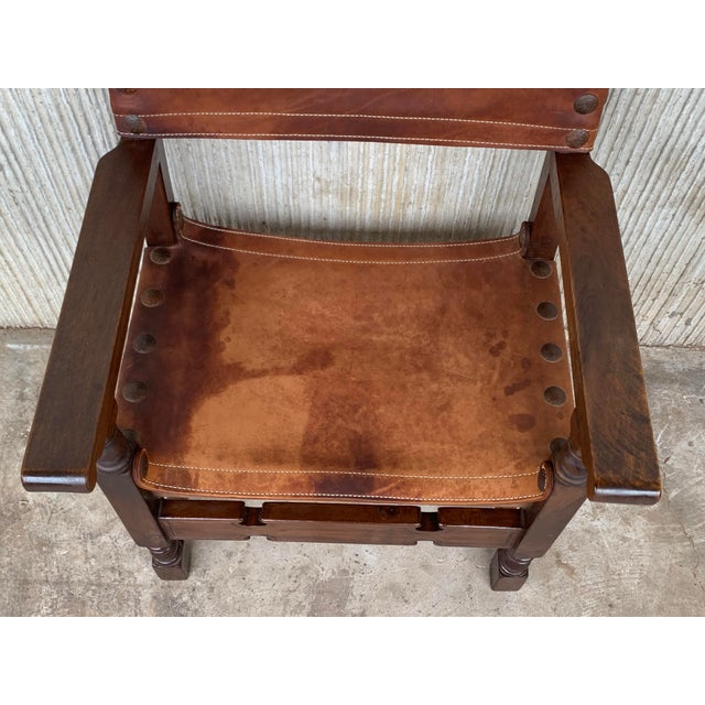 19th Century Spanish Colonial Throne Armchair with Leather For Sale - Image 9 of 11