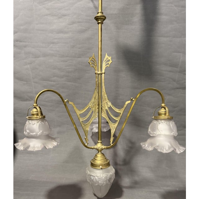 Vintage Art Nouveau Ceiling Lamp with Glass Shades, France, 1910s For Sale - Image 6 of 9