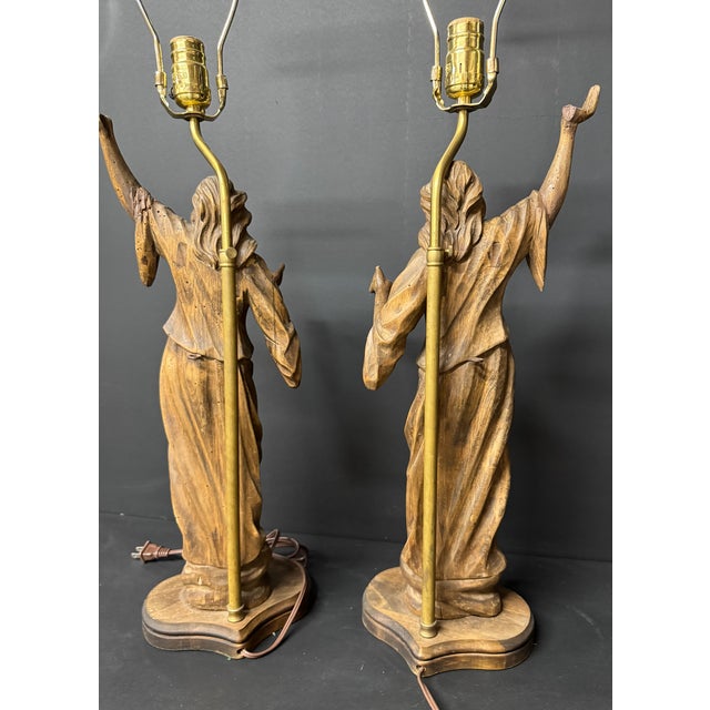 Early 20th Century Early 20th Century Pair of Antique Walnut Carved Female Figure Lamps For Sale - Image 5 of 14