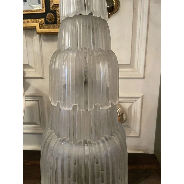 Sabino Art Glass Antique Art Deco Sabino Paris Bronze and Frosted Crystal 3 Light Waterfall Lamp For Sale - Image 4 of 13