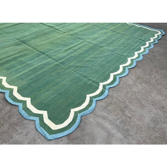 Not Yet Made - Made To Order Handmade Cotton Reversible Scalloped Edge Rug Forest Green With Cream and Teal Blue Border - 12'x15' For Sale - Image 6 of 11