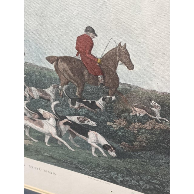 Large Vintage “The Earl of Derby’s Stag Hounds” Equestrian Artwork, Custom Framed Blue, Cream, Red For Sale - Image 14 of 18