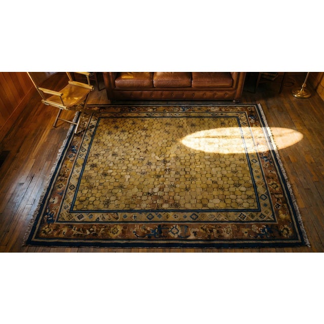 Incredible Small Hexagonal Camel Background With Floral Border Antique Chinese Ningxia Rug For Sale - Image 10 of 12