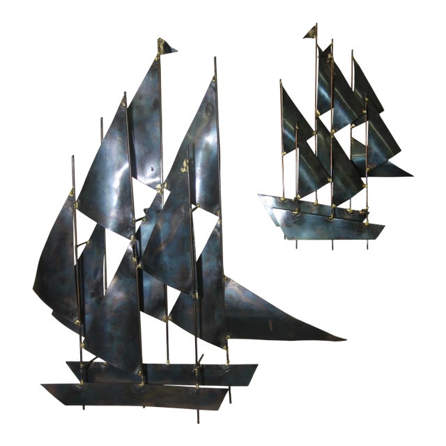 Curtis Jere Style Metal Sailboats Wall Sculpture - 2 Pieces For Sale