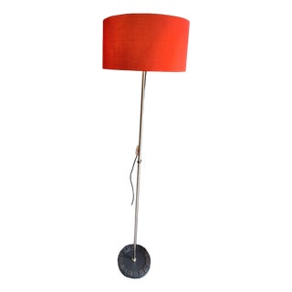 Vintage Brutalist Floor Lamp with Metal Base and Red Fabric Shade, 1970s For Sale