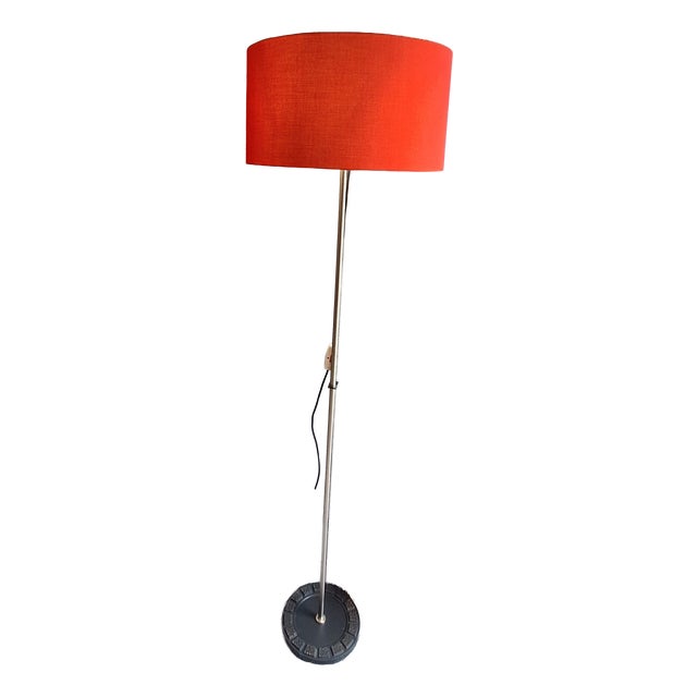 Vintage Brutalist Floor Lamp with Metal Base and Red Fabric Shade, 1970s For Sale