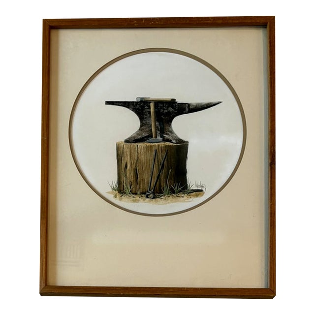 Vintage Framed Anvil Reproduction Print Blacksmith Tool Illustration in Wood Frame For Sale