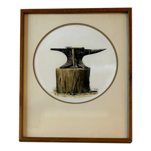 Vintage Framed Anvil Reproduction Print Blacksmith Tool Illustration in Wood Frame