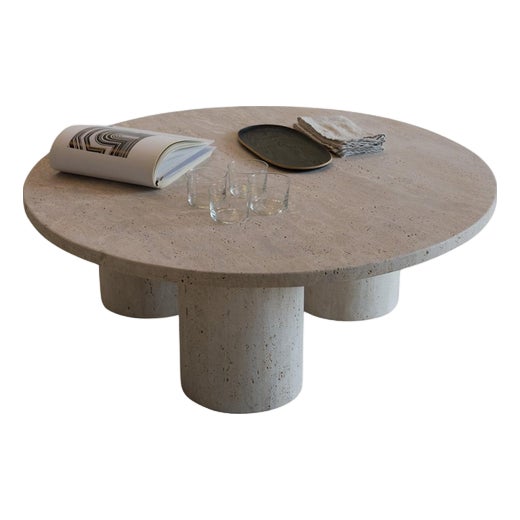 Round Top Beige Travertine Decorative Low Tripod Coffee Table by Beije Avenue For Sale