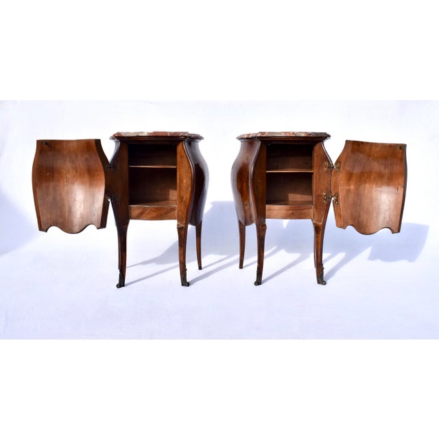French Italian Burl Wood Bombe Nightstands, Breccia Marble Tops, 19th Century For Sale - Image 3 of 9