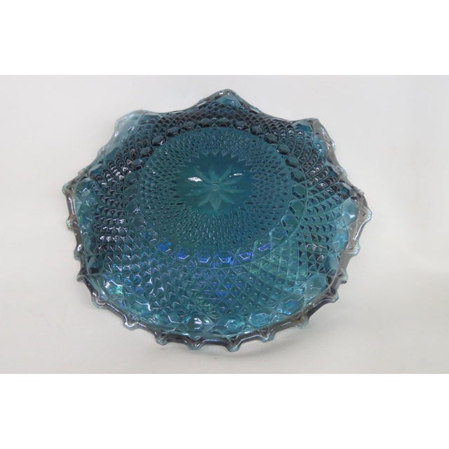 Blue Mid 20th Century Indiana Carnival Glass Blue Iridescent Dish Shallow Bowl Ruffled Edge 4806b For Sale - Image 8 of 10