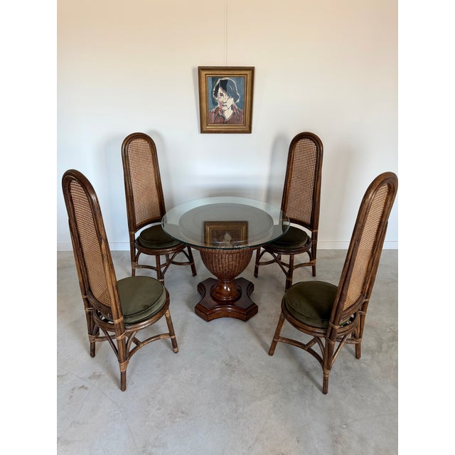 Ficks Reed Woven Reed + Faux Leather Center Dining Table After Tommy Bahama 36" Glass Top For Sale - Image 4 of 17