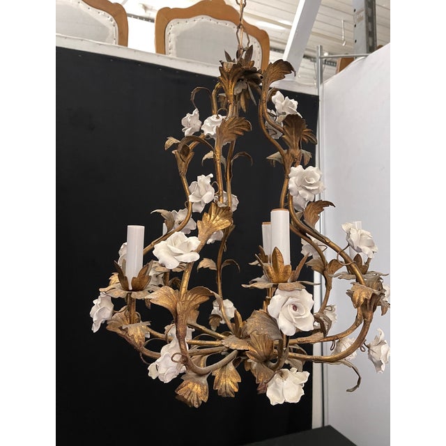 Italian 1950s Italian Birdcage Tole Chandelier With White Porcelain Roses For Sale - Image 3 of 8