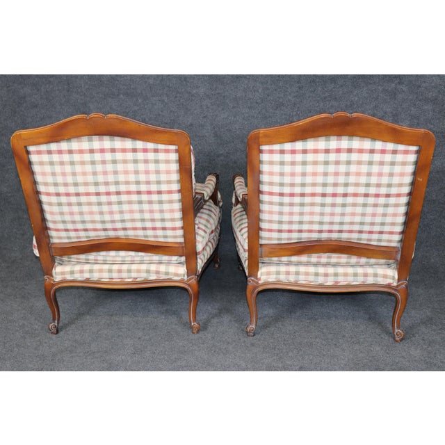French Pair Louis XV Style Carved Wood Armchairs With Plaid Upholstery For Sale - Image 3 of 15