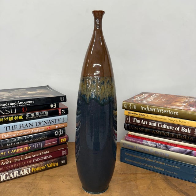 Rustic Skinny Brown and Blue Ceramic Vase with Narrow Neck For Sale - Image 3 of 9