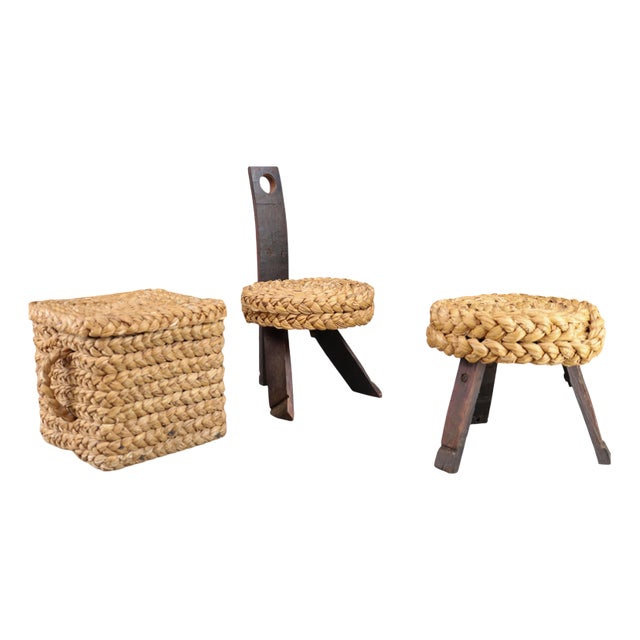 Vintage French Rope Chair with Stool and Basket from Audoux Minet, 1960s, Set of 3 For Sale