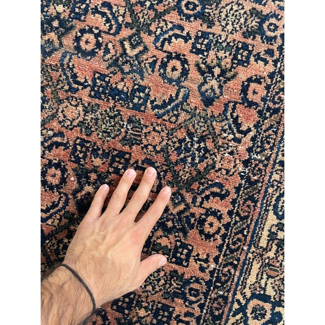 1940s Coral & Glowinng Blush with Indigo & Army Green Runner Rug 2.8 x 19.7 For Sale - Image 4 of 12