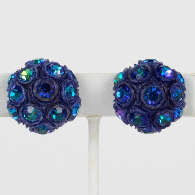 Monique Vedie, Line Vautrin Student Talosel Resin Jeweled Blue Clip Earrings For Sale - Image 4 of 6