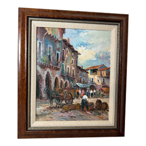 Quality Vintage Original Miralles Oil on Canvas Figural Cityscape Painting Horse