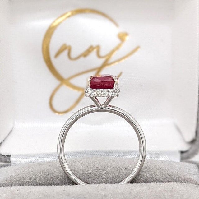 1.7Ct Ruby Ring With Earth Mined Diamonds Halo: Solid 14k Gold, Cushion Cut 7mm, Size 6.75 For Sale - Image 11 of 14