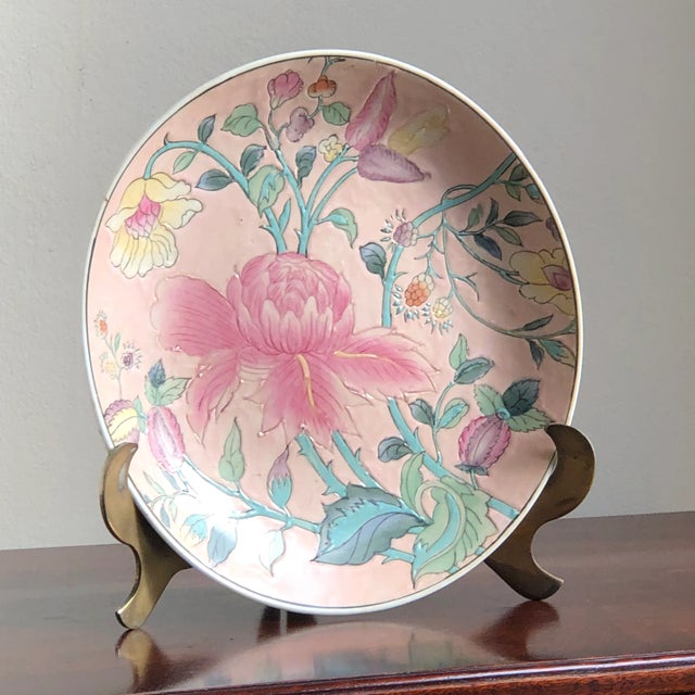 Pink Vintage Chinese Macau Decorative Porcelain Plate For Sale - Image 8 of 12