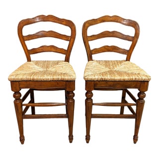 French Country Rush Seat Ladderback Bar Stools - a Pair For Sale
