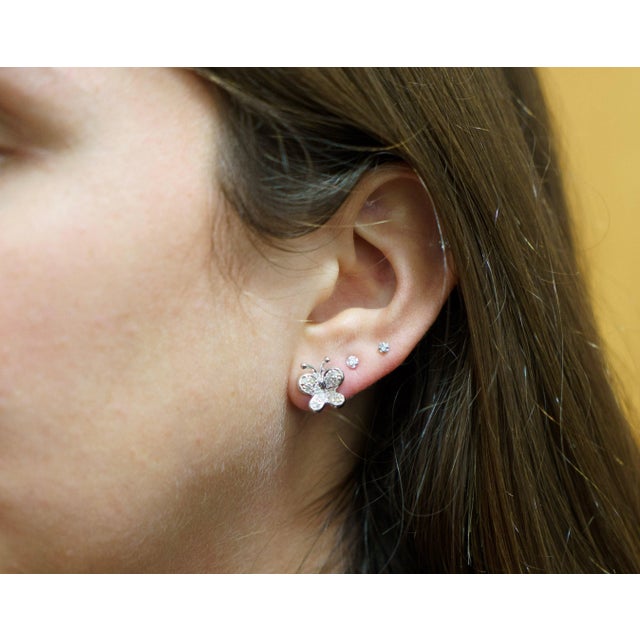 Contemporary 14K Solid White Gold Natural Diamond Cluster Butterfly Stud Earring For Sale - Image 3 of 8