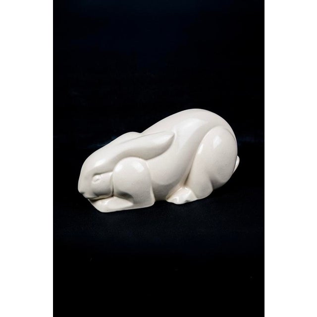 Reclining Rabbit in Cream Crackle-Glazed Earthenware by Charles Lemanceau for Saint-Clément, France, 1930s For Sale - Image 9 of 13