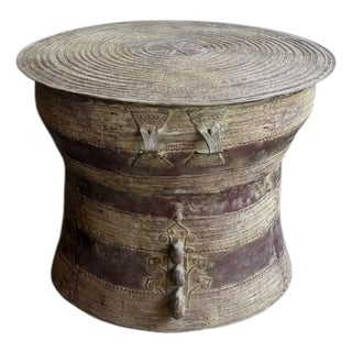 Monumental Cast Bronze Rain Drum Side Table Sculptural Patinated Finish For Sale