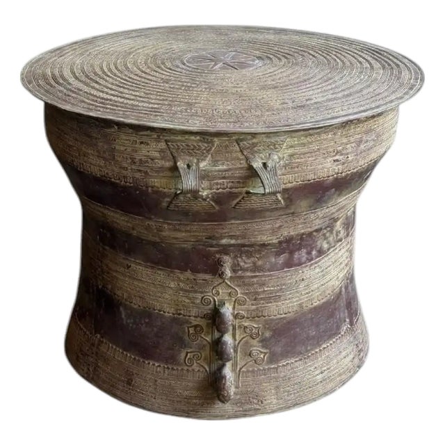 Monumental Cast Bronze Rain Drum Side Table Sculptural Patinated Finish For Sale