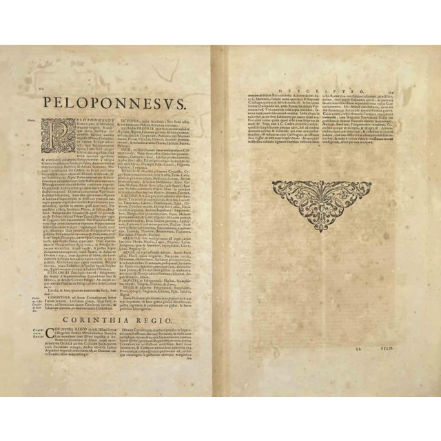 Peloponnesvs is an antique map realized in 1650 by Johannes Janssonius (1588-1664). The Map is Hand-colored etching, with...