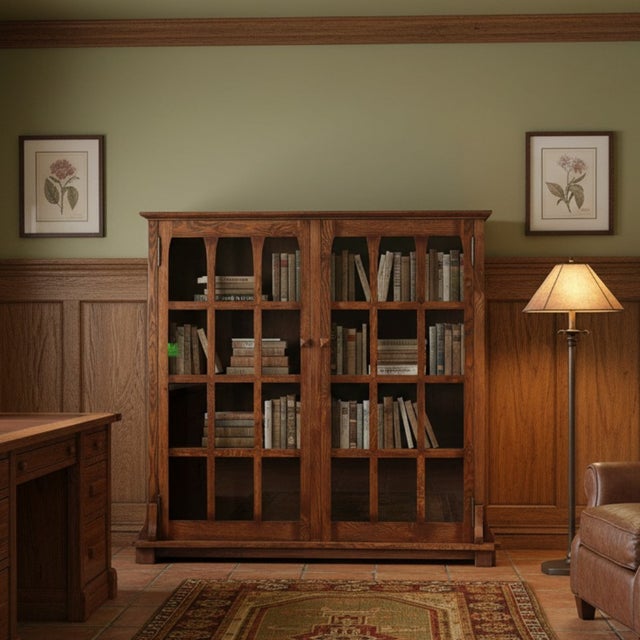 Mission Solid Oak Double Door Bookcase - Walnut For Sale - Image 10 of 10