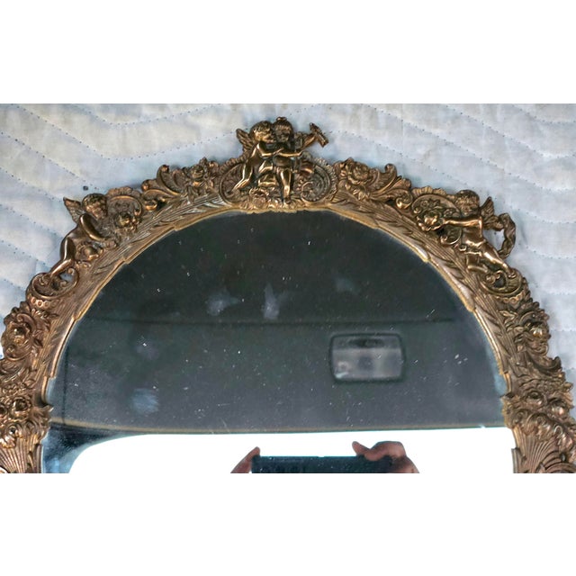 Glass 19th Century Cast Bronze Hanging Mirror With Figural Decorations Featuring Detailed Cherubs For Sale - Image 7 of 7
