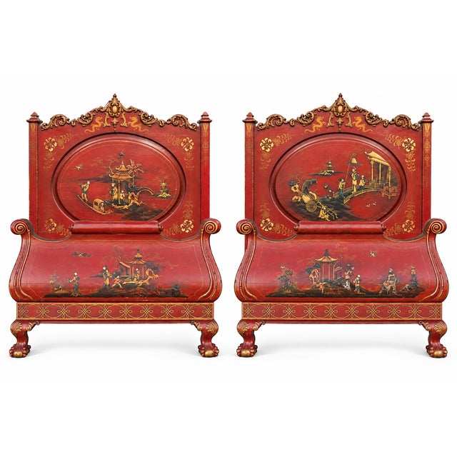 Chinoiserie 1930s Georgian Style Ball & Claw Red Chinoiserie Twin Bed Frames - Pair For Sale - Image 3 of 9