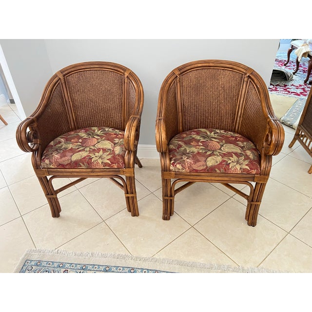 Late 20th Century Vintage Tommy Bahama Style Bamboo Wicker Arm Chairs - A Pair For Sale - Image 5 of 9