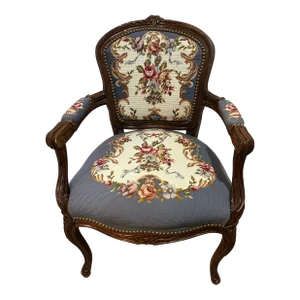 Vintage French Slate Blue Needlepoint Arm Chair