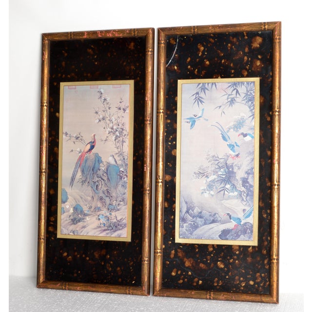 2 Piece chinoiserie Original Prints stunning Pheasant scene on Canvas, affixed on Cardboard and framed in a gilt Bamboo...