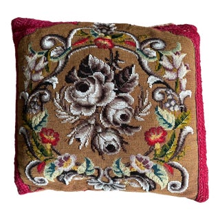 Antique Needlepoint & Beadwork Pillow Velvet Backing For Sale