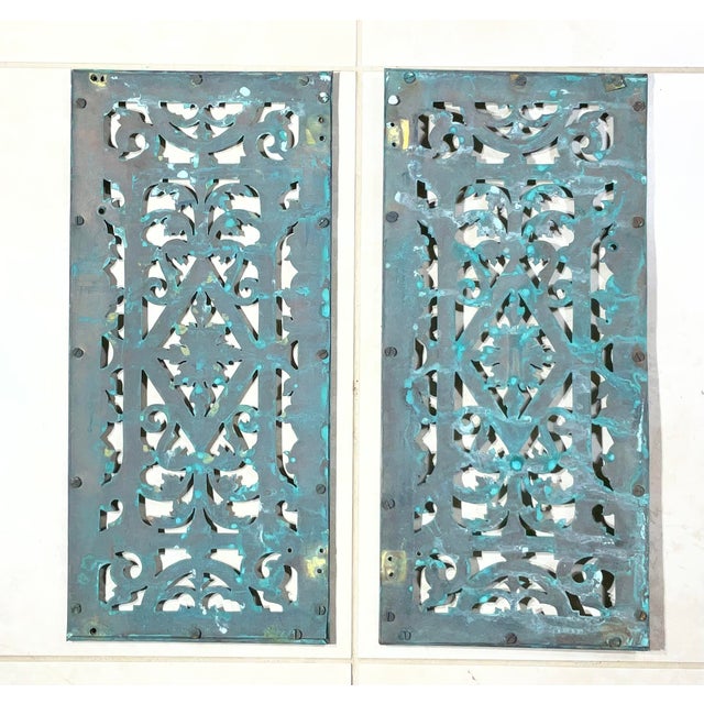 Pair of Antique Solid Brass Openwork Wall Hangings / Architectural Grilles For Sale - Image 16 of 17
